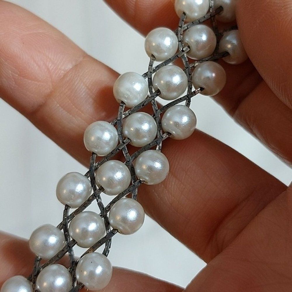 Vintage Unique Braided Faux Pearl Silver Tone Bracelet - Picture 4 of 5